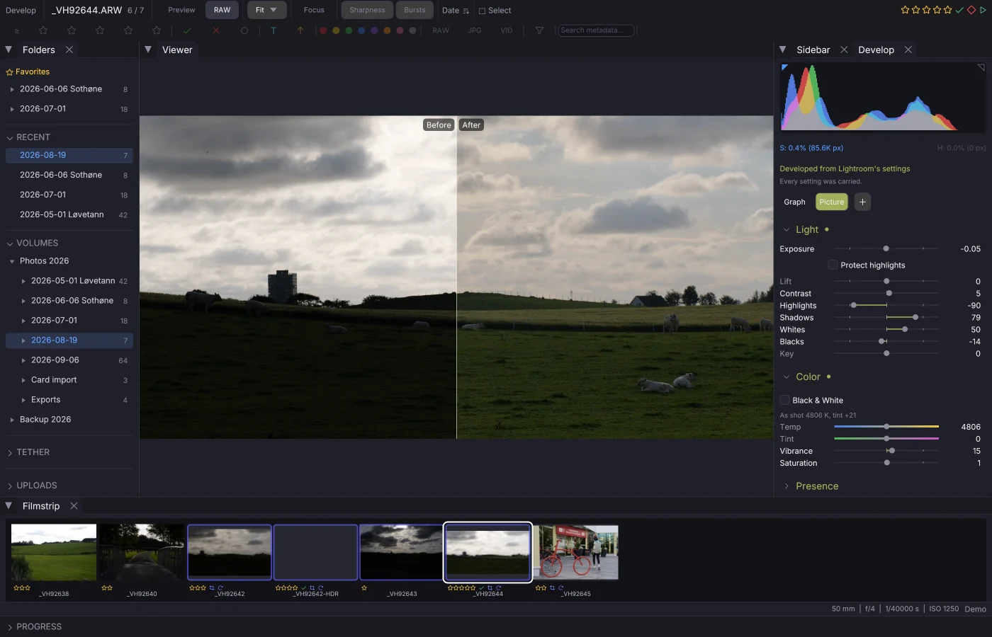The same picture in photosuite: Y splits it down the middle, and holding \ shows the untouched frame.