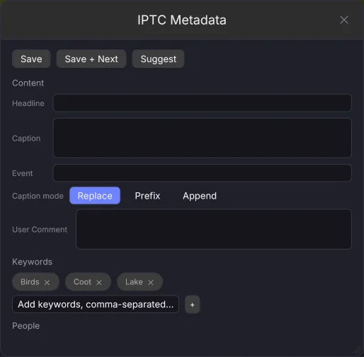 The IPTC editor on the picture on screen: headline, caption, keywords and people, and further down place and credit, written to the picture when you save.