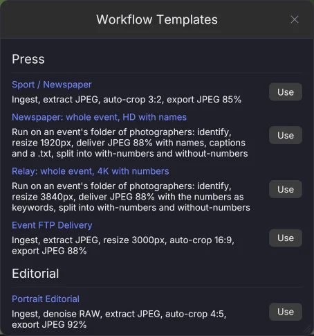 Settings → Workflow → From Template…: die fertigen Workflows, jeder ein Anfang, den du an die Aufgabe anpasst.